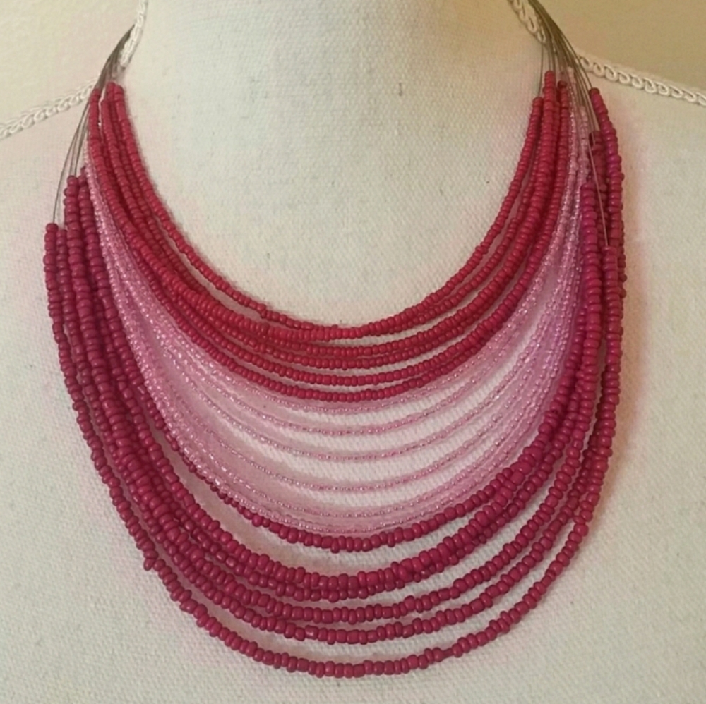 Boho Seed Beaded Pinks Layered Bib Necklace By Mixit NWT